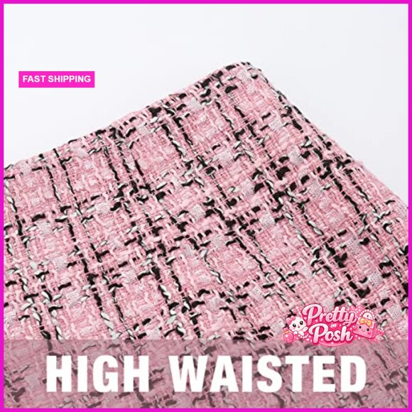 High Waist Woolen Plaid Pencil Mini Skirt Bodycon Slim Fit - Picture 3 of 7